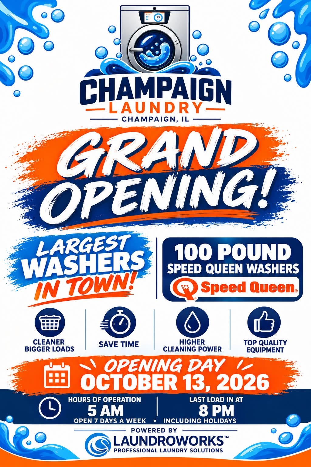 Champaign Laundry logo with a washer and blue bubbles